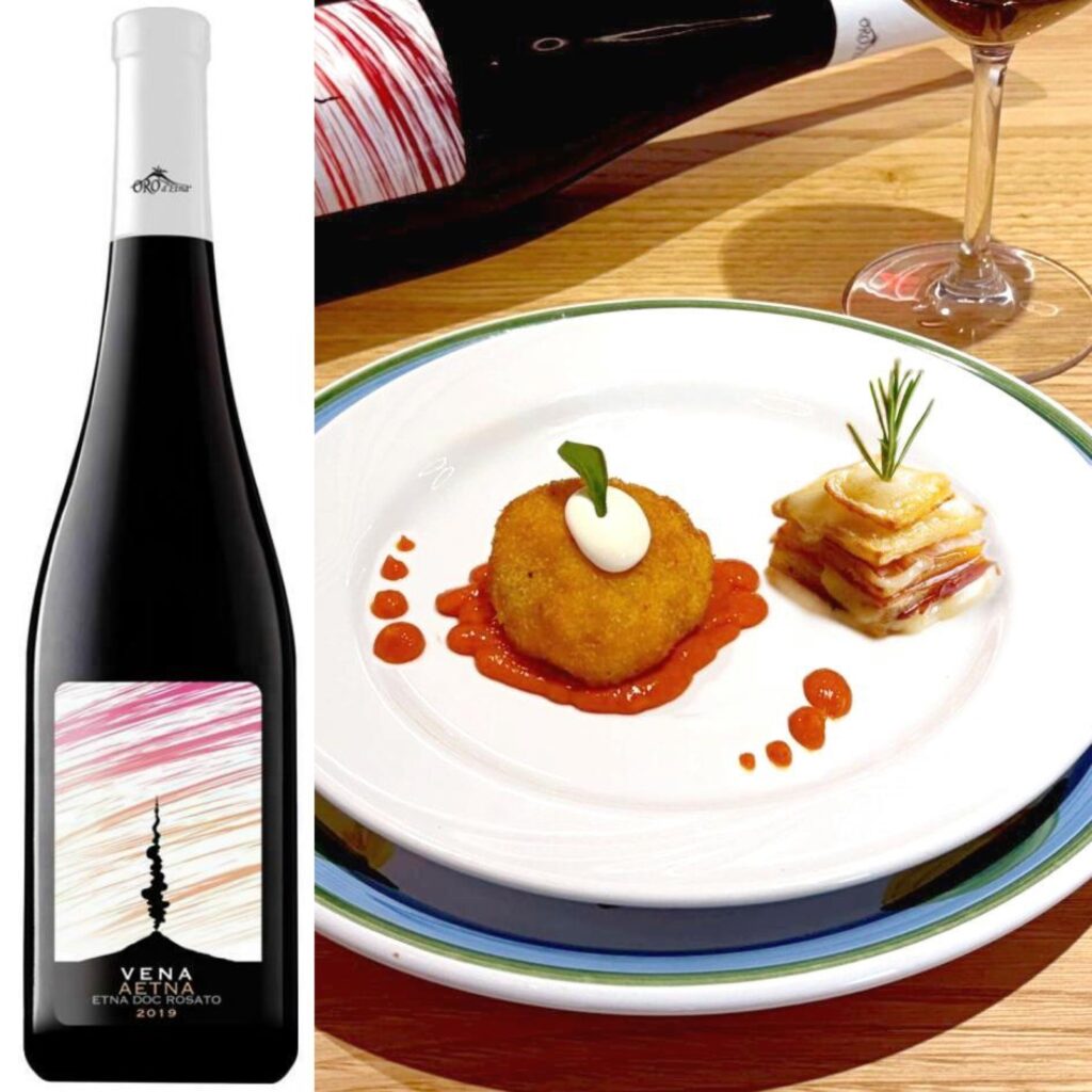 Rosato e arancino di ricotta e millefoglie